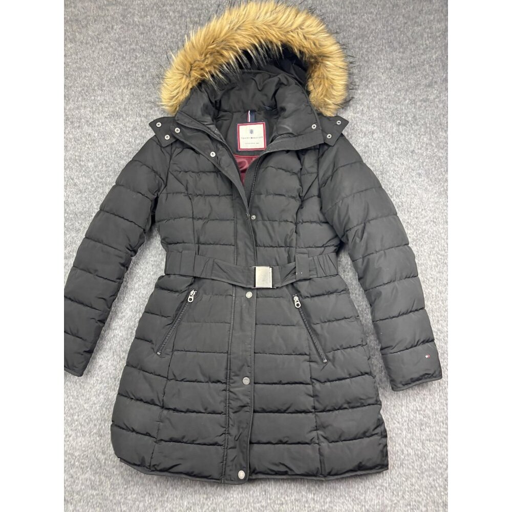 Tommy Hilfiger Jacket‎ Womens Small Black Belted Puffer Hooded Faux Fur Parka